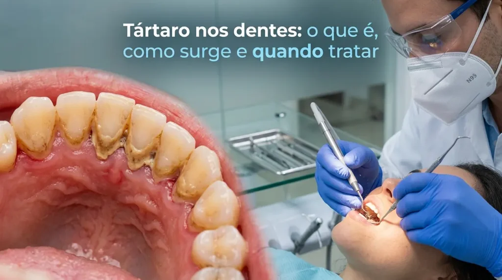 Dentista removendo tártaro nos dentes de um paciente em clínica de São Bernardo do Campo
